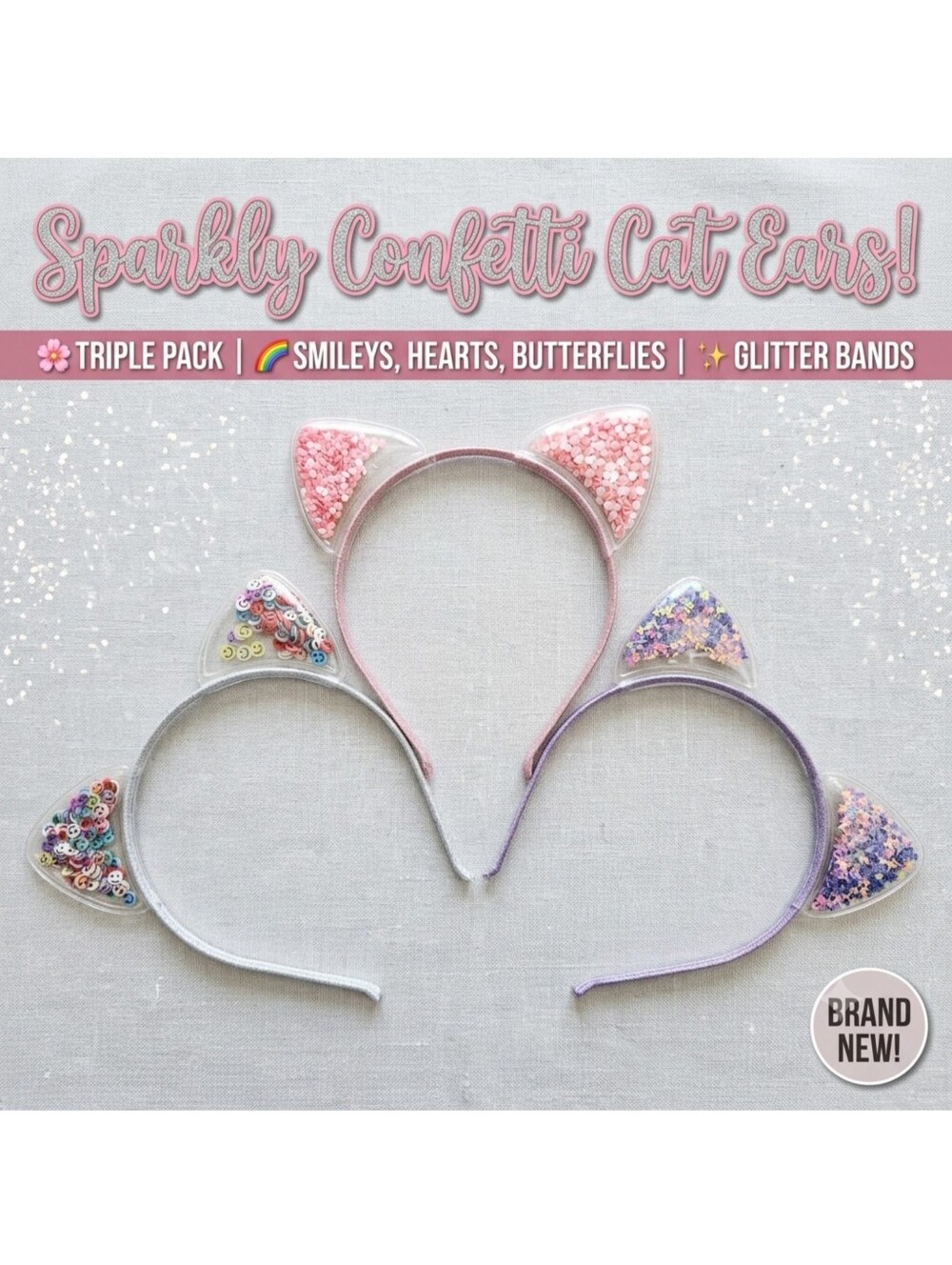 Set of 3 Sequin Cat Ear Headbands Pink, Silver & Lavender Cute Y2K Accessories